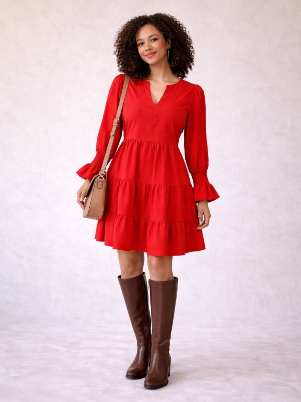 Pomander Place Red Tiered Babydoll Dress Small Smocked Sleeve Boho Mini